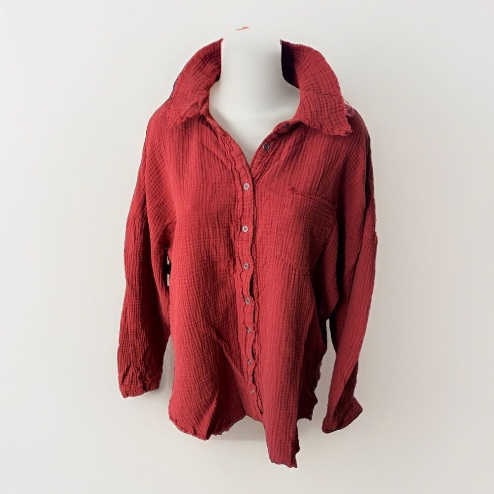 Zenana Red Double Gauze Raw Hem Button Down Shirt Women's Plus Size 1X Boho Top